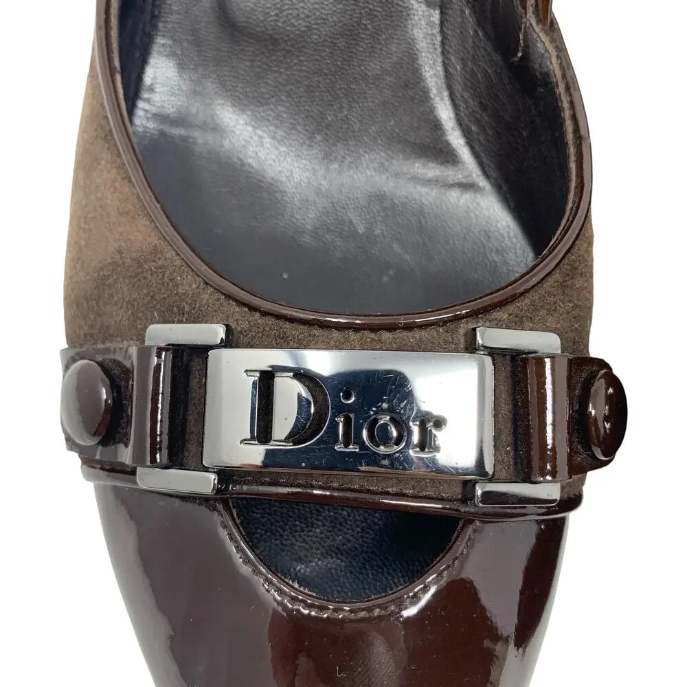 Vintage Dior Galliano Era Street Chic Brown Suede Patent Leather Logo Pumps 37.5